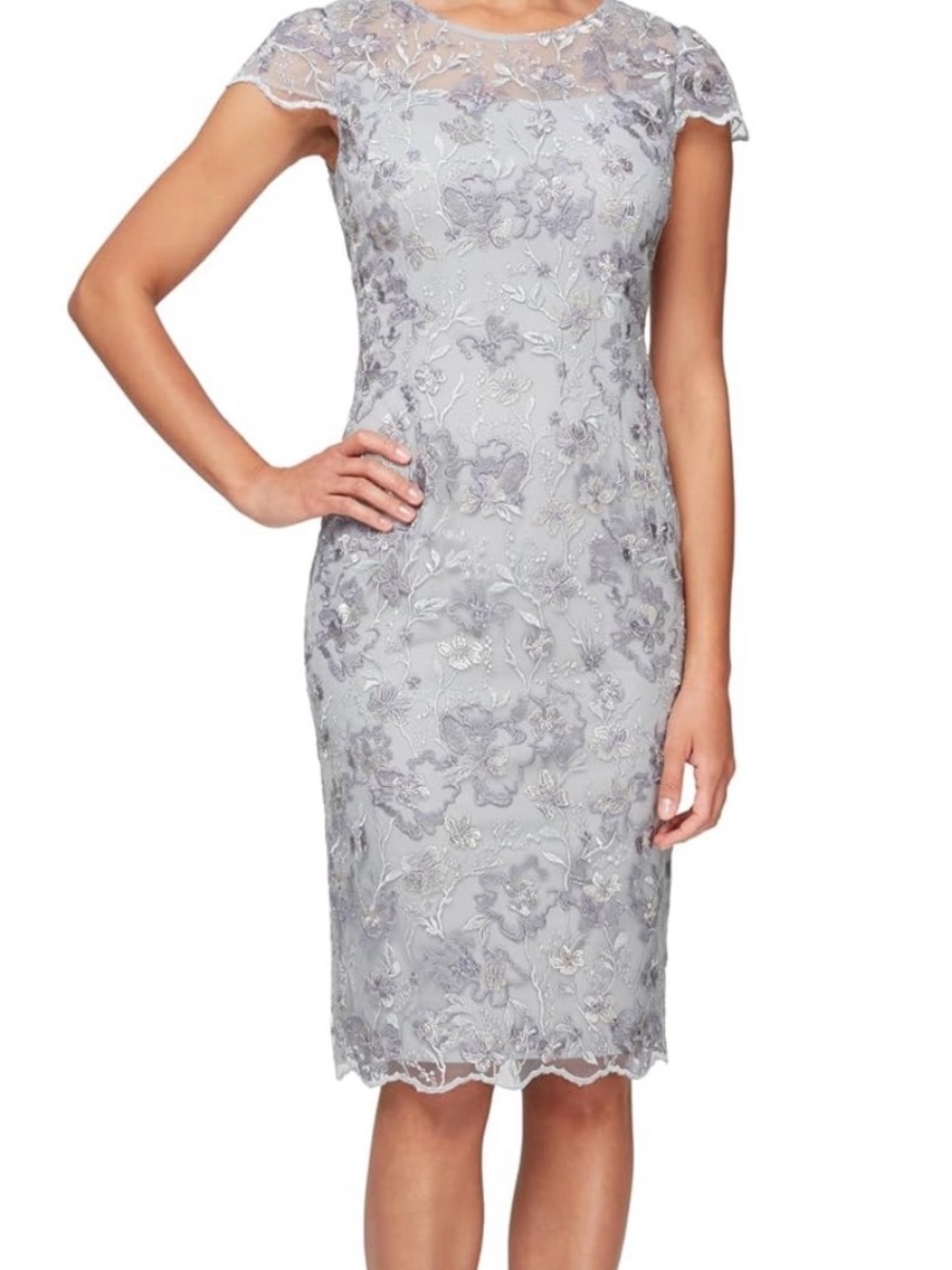 Alex Evenings size 4 Silver Lace Sheath Cocktail Dress NWT